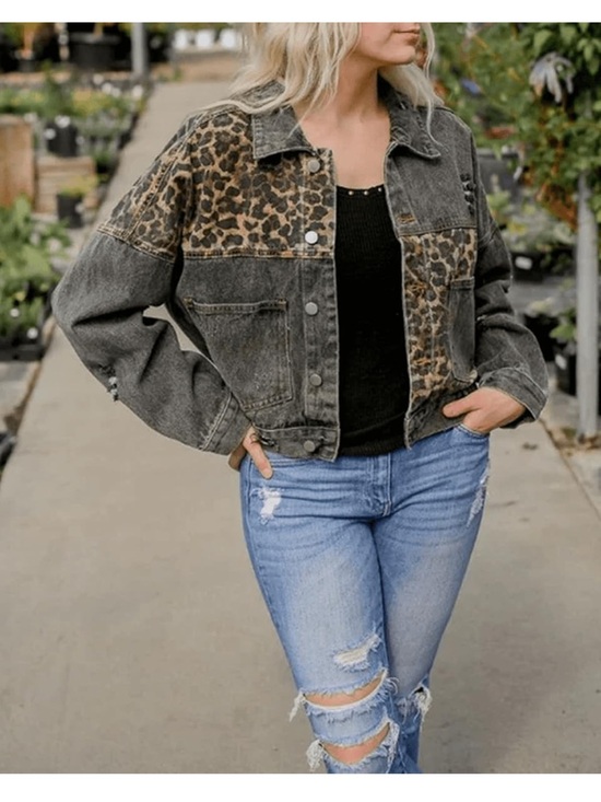 Jackets & Blazers - Leopard Patch Distressed Denim Jacket - Women's Black